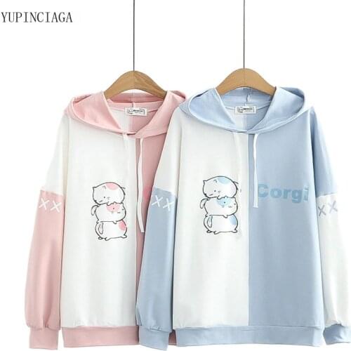 Women Patchwork Hooded Sweatshirts 2021 Summer Harajuku Hoodies Cute Cartoon Print Femme Loose Long Sleeve Pullover 0565