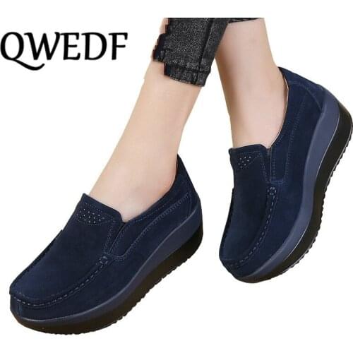 QWEDF 2019 Women Flats Platform Loafers Ladies Elegant Genuine Leather Moccasins Shoes Woman Slip On Casual Womens Shoes DC-101