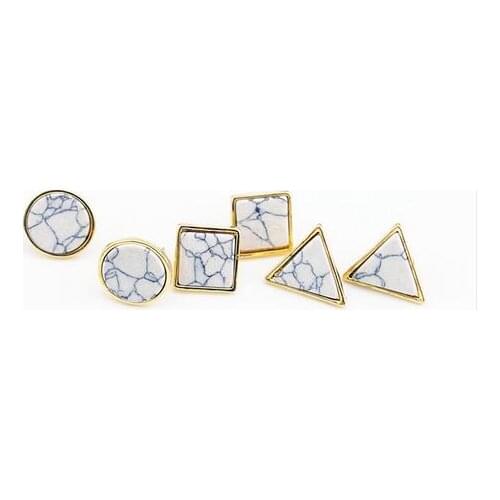 QCOOLJLY New Arrival Fashion Square Round Geometric Marbled White Natural Stone Natural Stone Stud Earrings For Women