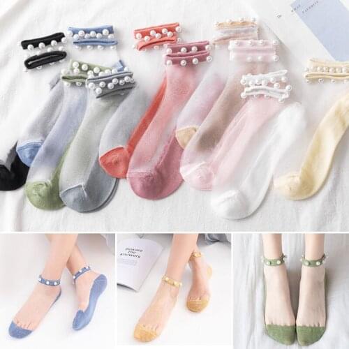 Women Pearl Transparent Glass Silk Socks Sweet Thin Cotton Socks Sexy Lace Mesh Fishnet Elasticity Ankle Boat Sock