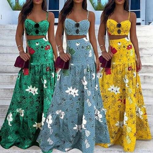 Women Boho Two Piece Set Sexy Crop Top Long Skirt Floral Printed Bandeau Strapless Bandage Ruffles High Waist Skirts Holiday Set