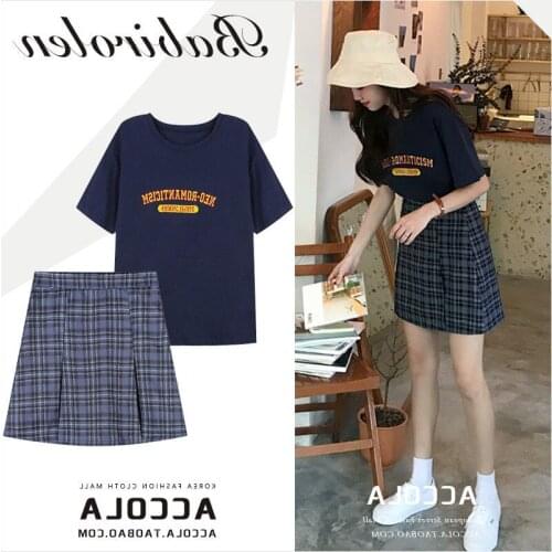 Short-Height a Word High Waist Retro Slim All-match T-shirt + Plaid Skirt Korean-Style College-Style Two Piece Suit Women