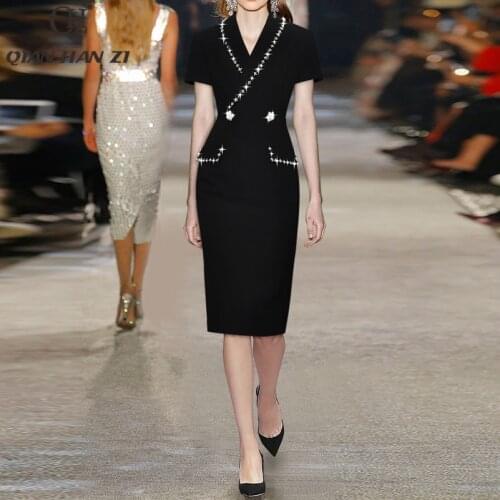 Qian Han Zi designer runway suit collar dress Women Short sleeve Buttons diamond Elegant fashion Office commute bodycon dress