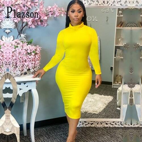2021 Spring Fall Robe Femme Women Bodycon Midi Dress Long Sleeve High Neck Dresses Outfits Fashion Casual Female Pencil Vestido