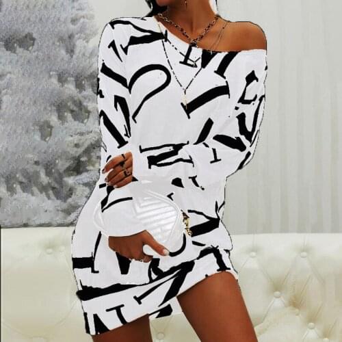 Women Dress O-Neck Long Sleeve Sweatshirt Letter Print Off Shoulder Fashion Loose Pullover Mini Dres