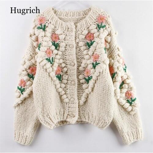 2021 New Women Winter Handmade Sweater and Cardigans Floral Embroidery Hollow Out Chic Knit Jacket Pearl Beading Cardigans