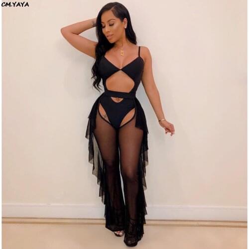 2019 women sexy cut out bodysuit & Open crotch mesh pants suit two piece set beach club party night tracksuit 6color outfit Z018