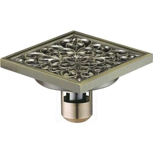 4' Brass Antique Brushed Floor Drain Bathroom Kitchen Shower Room Porch Square Floor Waste Drain Grate Sanitary Deep Water Drain