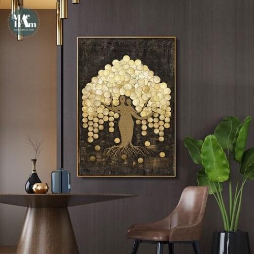 Abstract gold foil texture Canvas Print Paintings gold money tree Poster Nordic Wall Art Pictures Living Room Home Decor