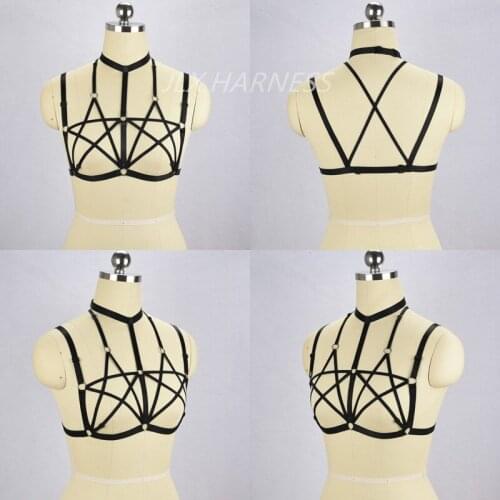 Black Body Harness Double Pentagram Shape Open Chest Cage Bra Harajuku Harness Bra Criss Cross Wedding Garters Fetish Wear O0354