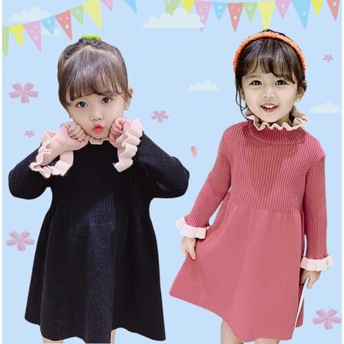 Childrens baby girl sweater dress winter solid color fine wool fungus girl sweet knit sweater thick warm bottoming skirt