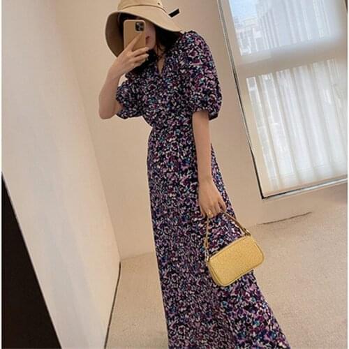 French Summer Women Slim Floral Print Spliced Long Dress Female Casual Sweet Vintage Dress High Version Ladies New Dresses ML175