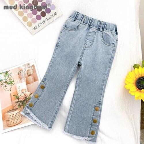 Mudkingdom Girls Denim Pants Solid Boot Cut Button Casual Slim Jeans for Toddler Slant Pocket Fashion Trousers Spring Autumn