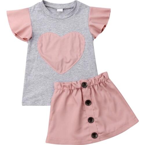 2019 Toddler Kids Baby Girls Summer Clothes Fly Sleeveless Heart Print Tops+Button Skirts 2PCS Outfits Girl Clothes