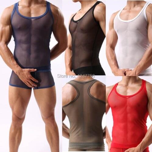 Mens See Through Mesh U-neck Line Shirt Underwear Slim Fit Tank Top Vest