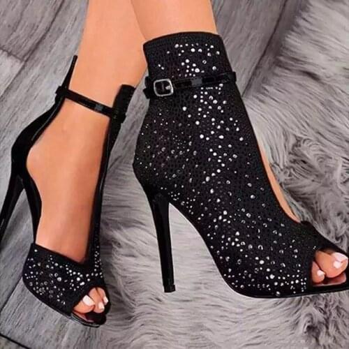 New Women Crystal Sandals Ankle Straps Buckle Transparent Cover Heel Pumps Ladies Sandals Party Shoes998