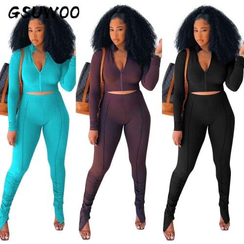 GSUWOO Solid Color Long Sleeve Womens Sports Suit Autumn Zipper Crop Coat High Waist Leggings Pants Sets Tracksuit Clothes