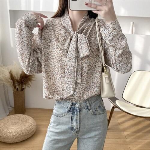 Oversized Shirt Womens Blouse Floral Long Sleeve Shirt Autumn Korean Fashion Loose Bow Top Blusas Mujer De Moda 2021 Verano