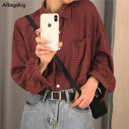 Plaid Shirts Women Single Breasted Korean Style Basic Simple Leisure Loose Trendy Popular Ulzzang Female Top BF Unisex Spring
