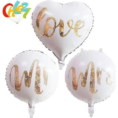 50pcs 18inch Mr Mrs Round foil balloons white gold glitter Bride Marriage Wedding Valentines Day Event Air Globos Supplies