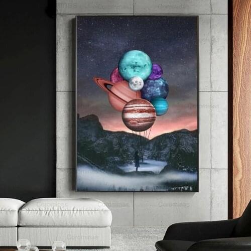 Modern Landscape Canvas Painting Girl Holding On The Planets Posters and Prints Wall Art Pictures for Living Room Decor Cuadros