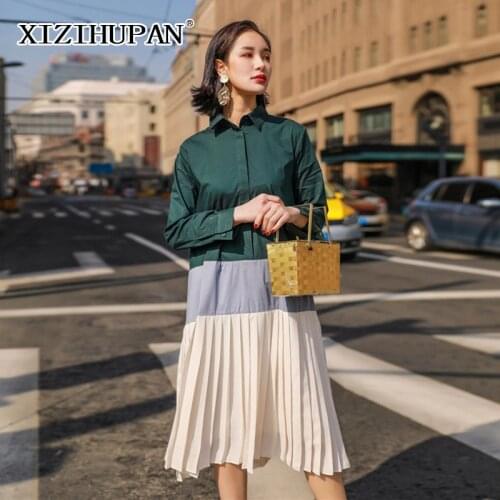 XIZIHUPAN Spring Dress For Women Lapel Long Sleeve Patchwork Draped Casual Oversized Mid-Calf Female Dress Fashion New Tide 2021