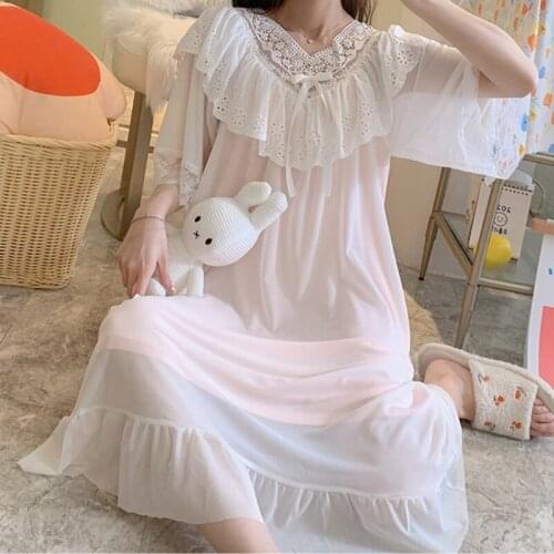 Women Lolita Night Dress Sweet Mesh Lace Peignoir Victorian Vintage Nightgowns Kawaii Nighty White Pink Sleepwear Girl Nightwear