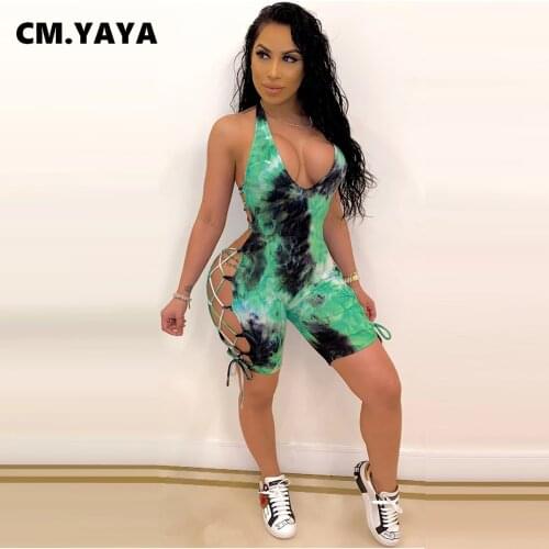 2020 Women Short Jumpsuits Rompers Playsuits Halter Sleeveless Tie-dye Print Street Sexy Night Club Party One Piece Outfits GL10