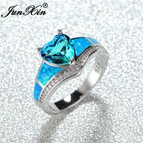 Gradient Rainbow Crystal Heart Rings For Women Wedding Blue Fire Opal Ring Pink Green Zircon Engagement Ring White Gold Jewelry