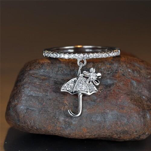 Simple Female Crystal Flower Pendant Ring Trendy Gold Silver Color Engagement Ring Charm Zircon Umbrella Wedding Rings For Women
