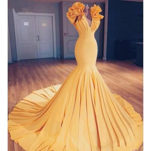 Yellow Mermaid Prom Dresses 2021 V Neck Ruffles Sweep Train Evening Dress South African Women Ruched Formal Party Cheap Gowns