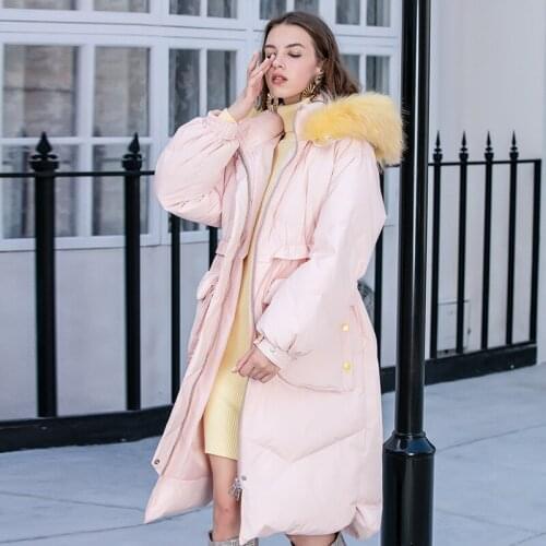 Winter European oversize big real fur duck down coat female X-long over the knee fashion thicker warm fluffy down jacket F194