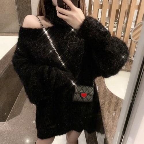 Winter Sweater Choker Pullover Medium style Languid is lazy wind Loose Off-the-shoulder Keep warm With thick clothes Shiner
