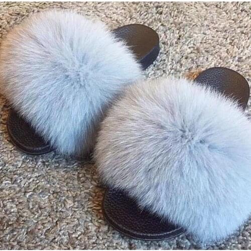 2020 Fox fur slide for women cut Slippers Fluffy Sliders Plush Furry Summer Flats Sweet Ladies Shoes big size 36- 45