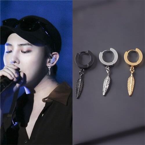 2019 Korean Black Hip Hop Gothic Stud Earrings Fashion Leaf Stainless Steel Pendant Earrings Jewelry for Men Women E108