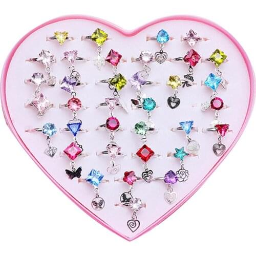 36Pcs Ring Girls Rhinestone Faux Pearl Adjustable Finger Ring Jewelry Birthday Gift Ring girl princess ring toy gift boxed heart