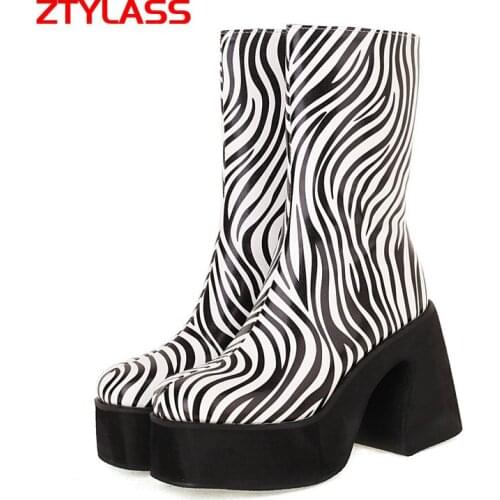 Fashion Platform Ankle Boots Chunky High Heel Women Boots Autumn Winter Zipper Short Boots Woman Shoes Big Size 41 42 43