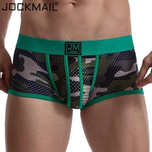 JOCKMAIL Low Waist Breathable Men Boxer briefs Camouflage Mesh Shorts Men Breathable Gay Sexy Underwear Calzoncillos Hombre