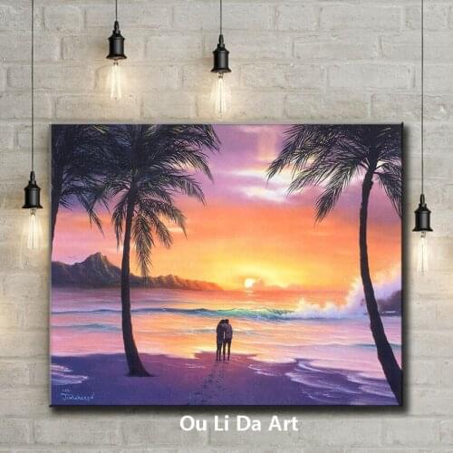 Coconut tree sunset seascape sweet lover canvas printings oil painting printed on canvas home wall art decoration picture