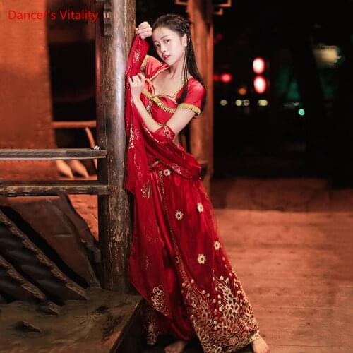 Belly Dance Suit Short Sleeve Top Embroidered Wide Leg Pants Indian Dancewear Female Shirt Trousers Performance Clothing Set