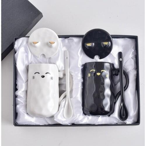 Creative ceramic mug wedding gift box set couple cup a pair of water cup with lid spoon