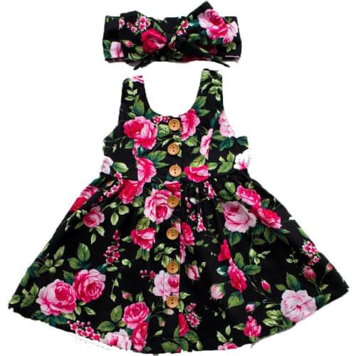 Summer Girls Dress Kids Floral Dresses Girls Costumes with Button Princess Dress Matched Headband