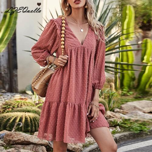 2021 Summer Women Ruffles Lace Chiffon Dress Boho Mini Beach Dress Three Quarter Sleeve Ladies Party Dresses Vestidos NZ2994