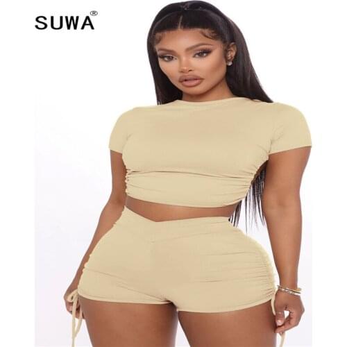 2020 hot sale simple solid color round neck short sleeves tight crop top and hot shorts 2 pieces set casual lady fashion outfits