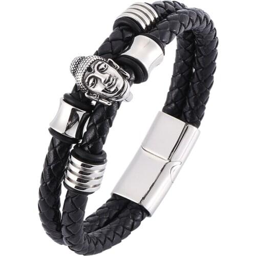 Men Bracelet Buddha Head Bangle Genuine Leather Accessories Stainless Steel Clasp Male Bracelet Lucky Jewelry BB0338