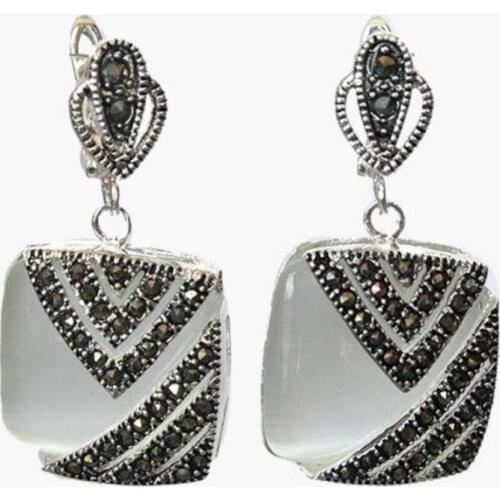Fancy ladys 925 Silver Hook clear opal Marcasite Square Earrings 1"