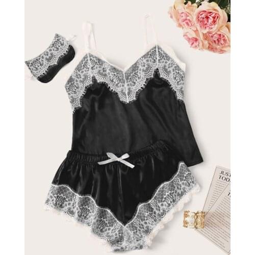 Lingerie Sexy Bra Set Womens Sleepwear Sleeveless Strap Lace Trim Satin Cami Tops Pajama Sets Bras Women Brief Sets