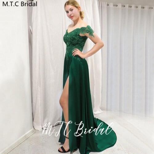 2020 New Long Green Evening Dress Off The Shoulder High Slit A Line Sexy Lace Satin Formal Women Dresses For Party Customize