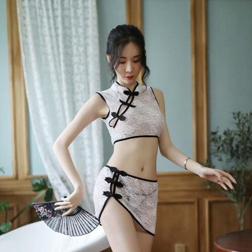 New sexy perspective female sexy underwear cute short cheongsam Chinese style pajamas set two-piece