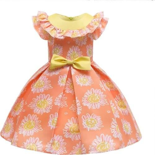 Girls Princess Dress Flower Print Flying Sleeve Bow Wedding Birthday Party Dresses Formal Prom Childrens Clothes 2-10 Years Old